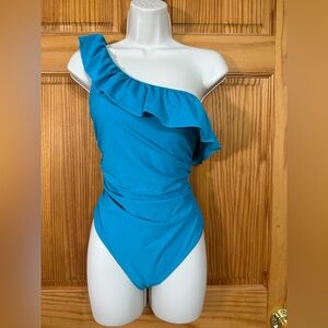 NWT Dokotoo one shoulder, ruffled size small Teal blue green one piece swimsuit